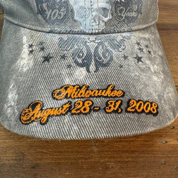 Harley-Davidson Gray Tie-Dye Skull Wings Motorcycle Cap Hat One Size Y2K Style - Picture 3 of 5